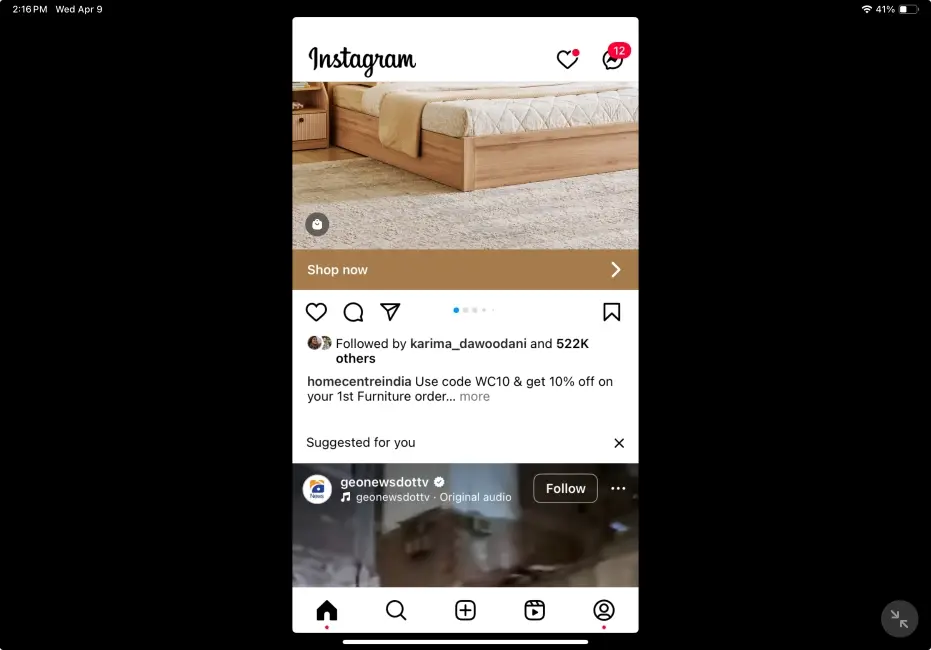 Instagram-app-homepage-screenshot-in-landscape-view-on-an-iPad-azmotech